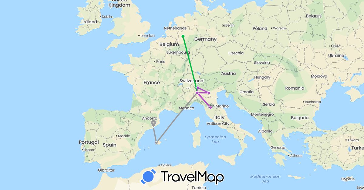 TravelMap itinerary: driving, bus, plane, train in Germany, Spain, Italy (Europe)