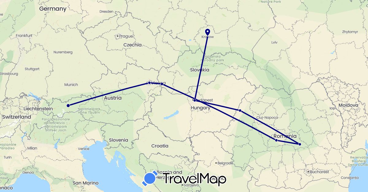 TravelMap itinerary: driving in Austria, Hungary, Poland, Romania, Slovakia (Europe)